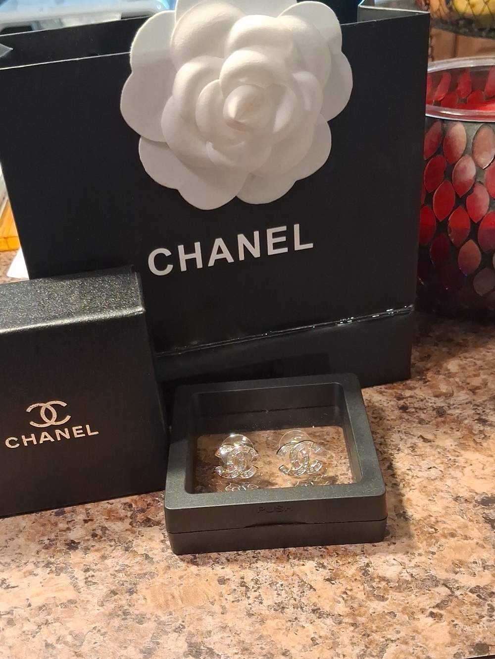 Authentic CHANEL Silver Pink & Crystal Interlocking CC Stud Earrings